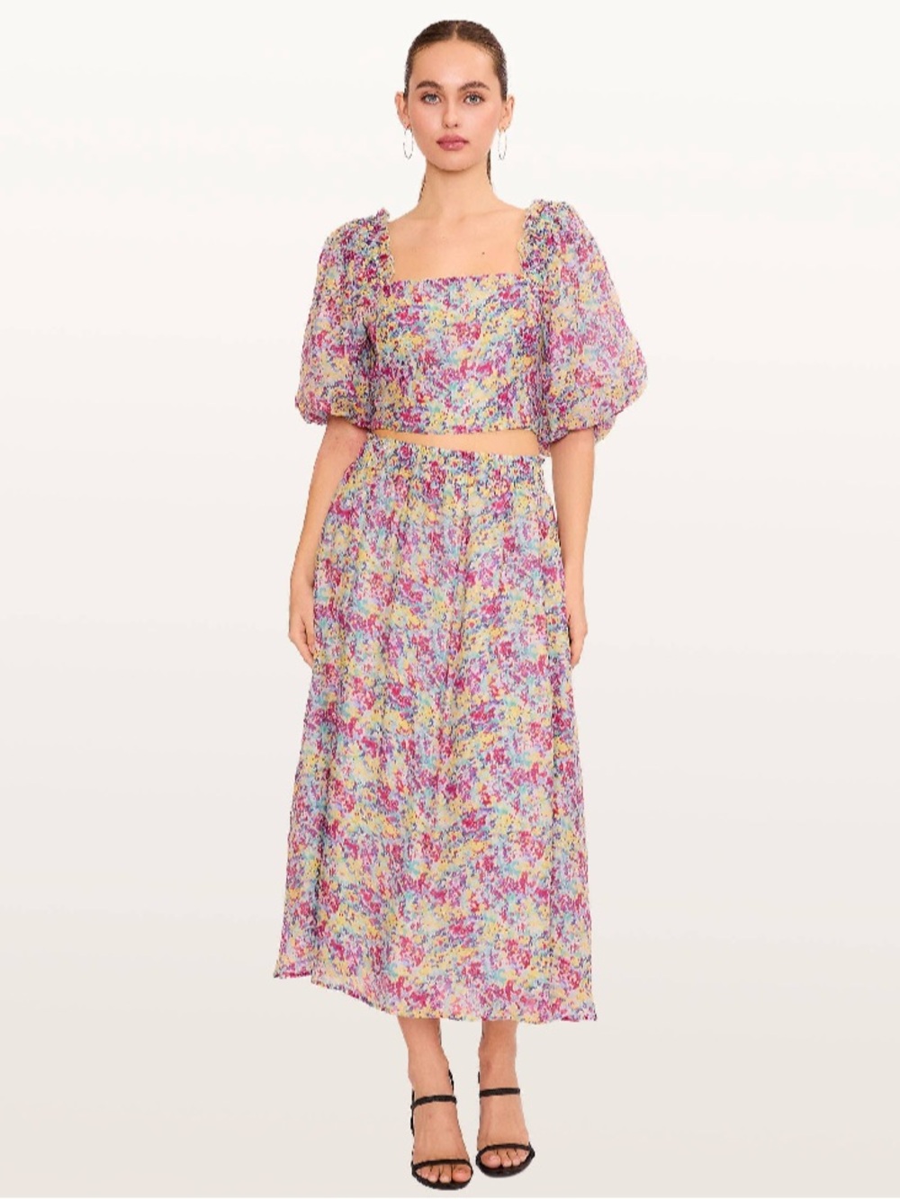 NWT Floral Puff-Sleeve Cropped Blouse and Midi Skirt - Pink Multi